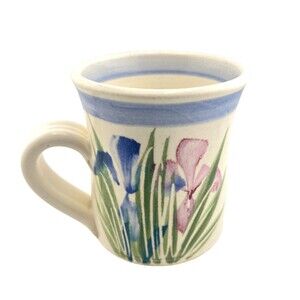 Art Pottery Hand Painted Stoneware Coffee Tea Mug Purple Iris Flower Signed